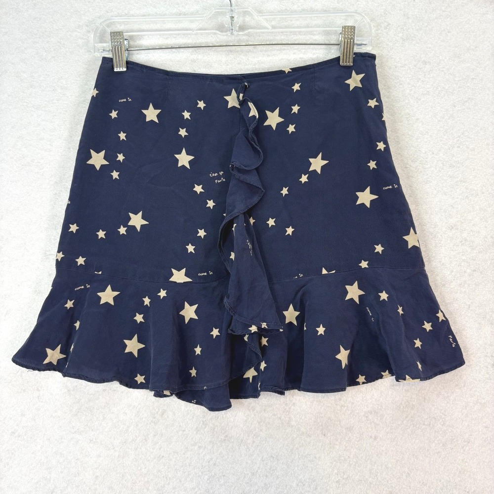 Claudie Pierlot Star Print Ruffle Silk Mini Skirt Navy Women S Parisian Chic